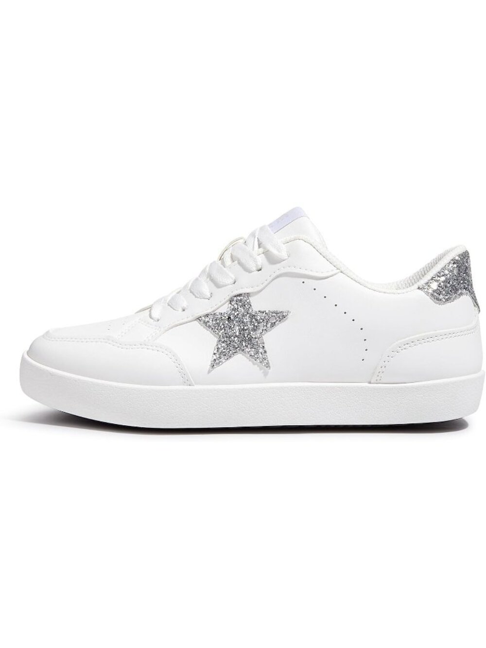Women's White/Silver Glitter Sequins Lace-Up Low Top Fashion Star Sneakers